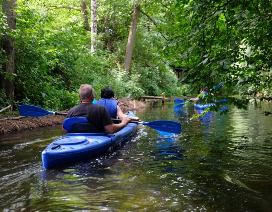 People in blue kayaks on water during kayaking trip on Zbrzyca river in beautiful summer day, Bory Tucholskie, Poland